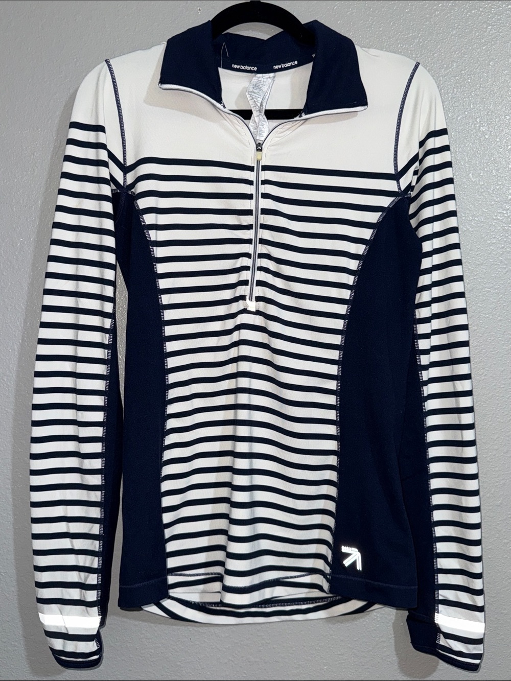 New balance. X. For  JCrew Navy and white striped athletic quarter-zip pullover